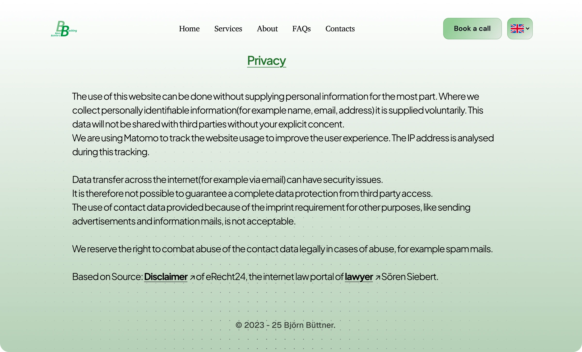 BB's Backing light mode privacy policy page